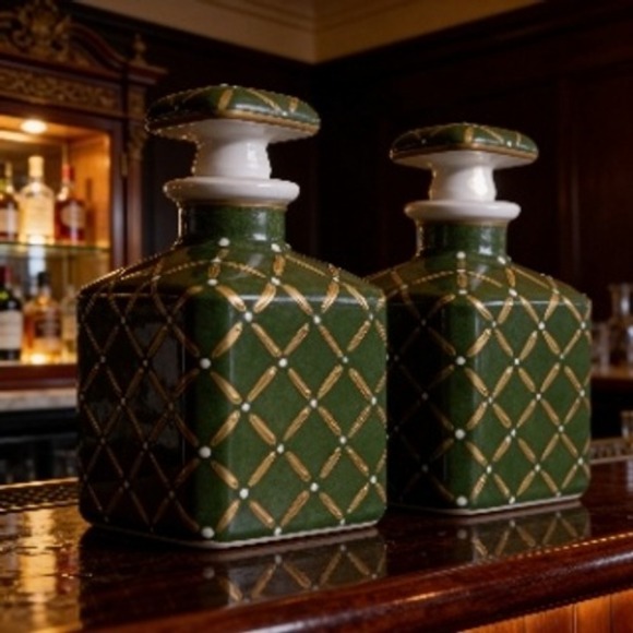 Limoges France for Saks Fifth Avenue Green Gold Hand Painted Porcelain Decanters